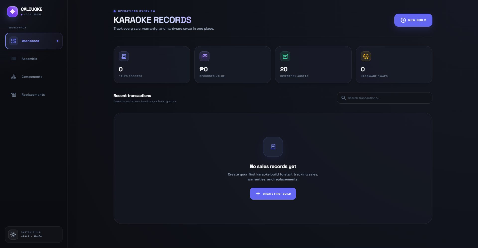 Calcuoke karaoke configuration and sales management dashboard