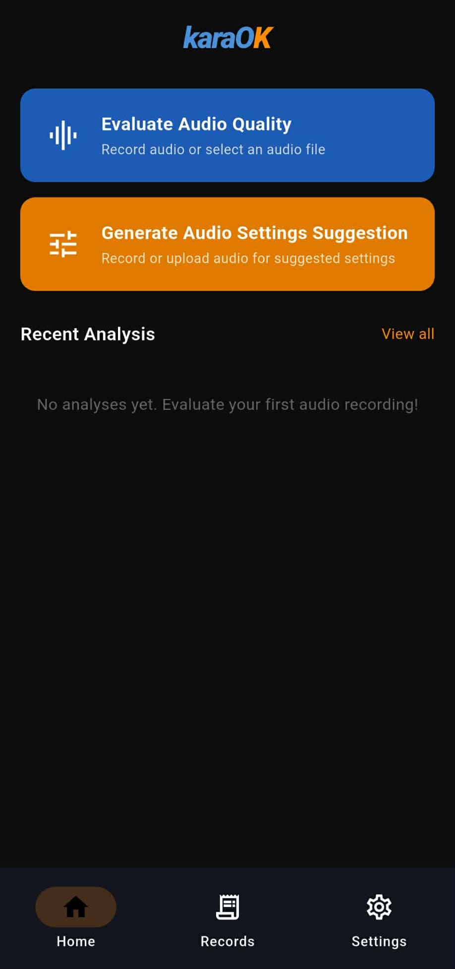 KaraOK mobile audio quality evaluation home screen