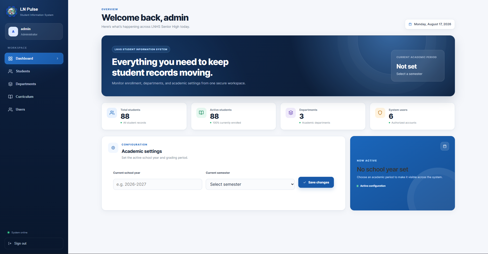 LnPulse school information system administrative dashboard